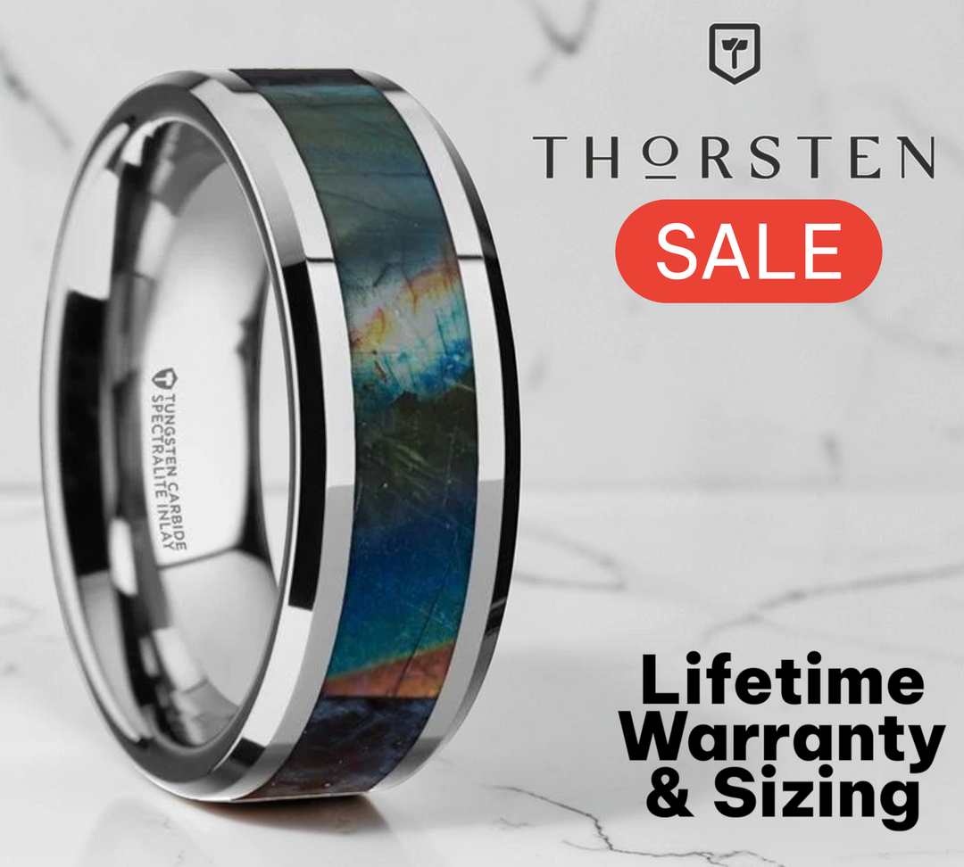 Mens Tungsten Carbide Spectrolite Inlay Polished Finish Wedding Ring - Polished Beveled Comfort Fit - 8mm Wide - Style name: ESSENCE