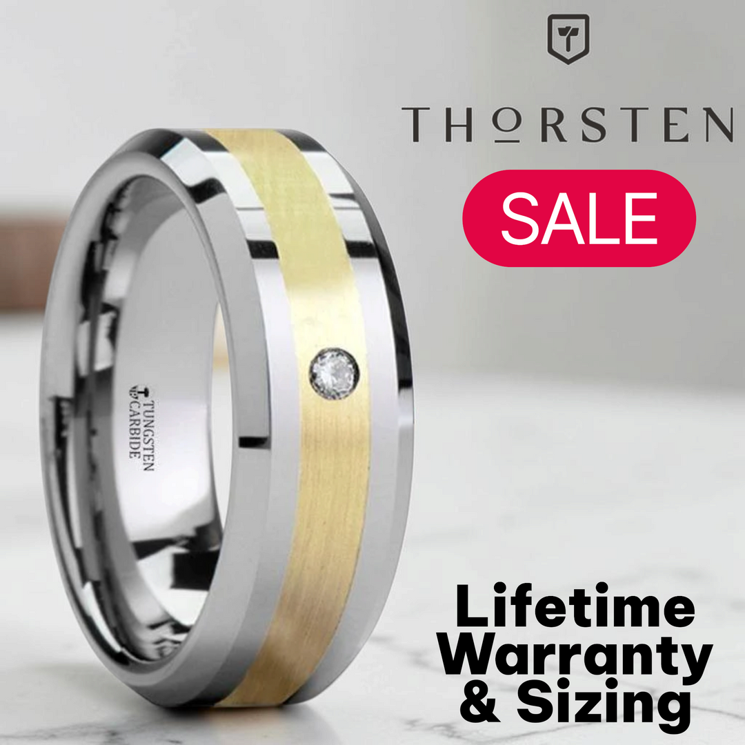 Mens Tungsten Carbide 14K Gold Inlaid Diamond Wedding Ring - Beveled Comfort Fit - 8mm Wide - Style name: FABIAN
