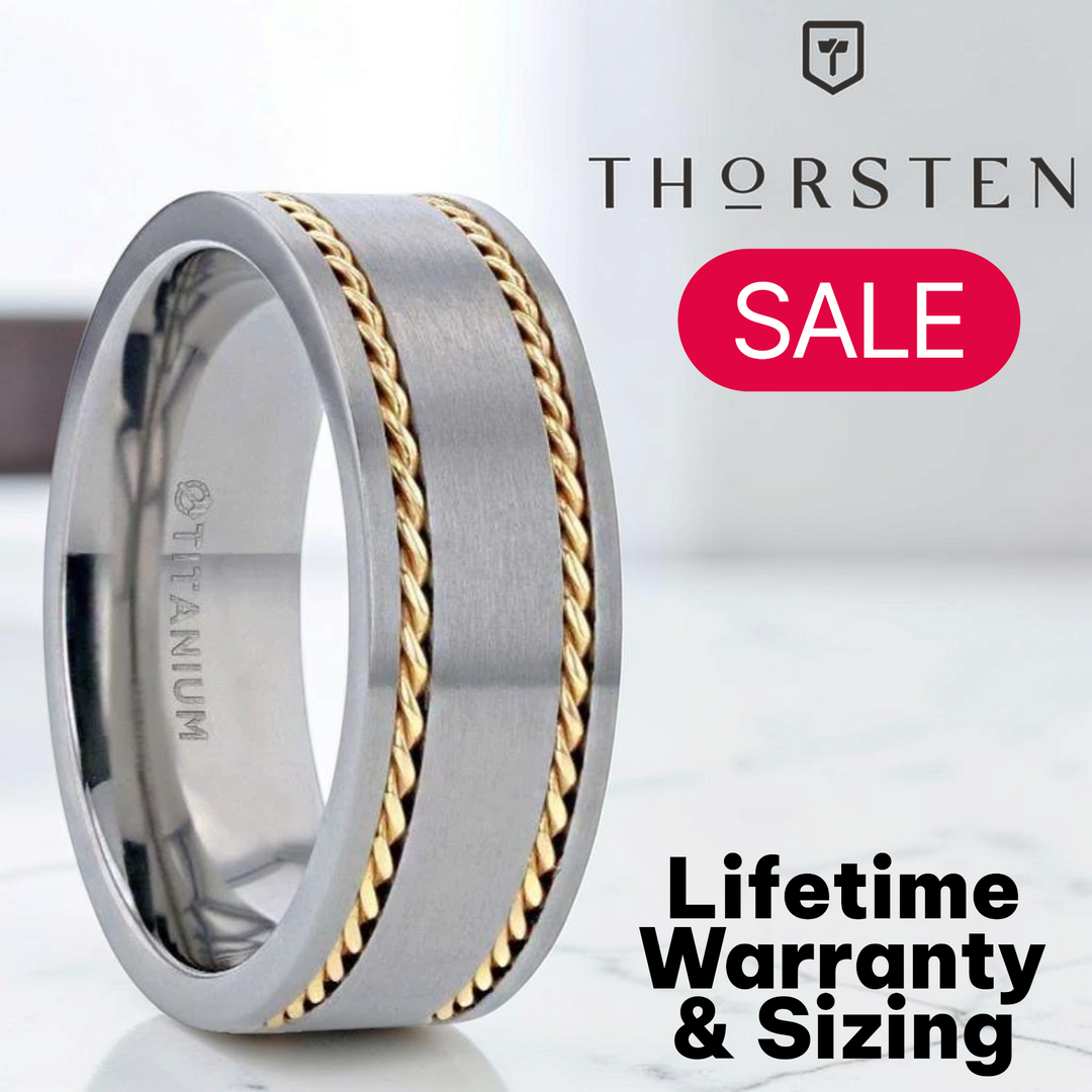 Mens Titanium 14K Yellow Gold Dual Braided Inlay Wedding Ring - Flat Brushed Comfort Fit - 8mm Wide - Style name: FERDINAND