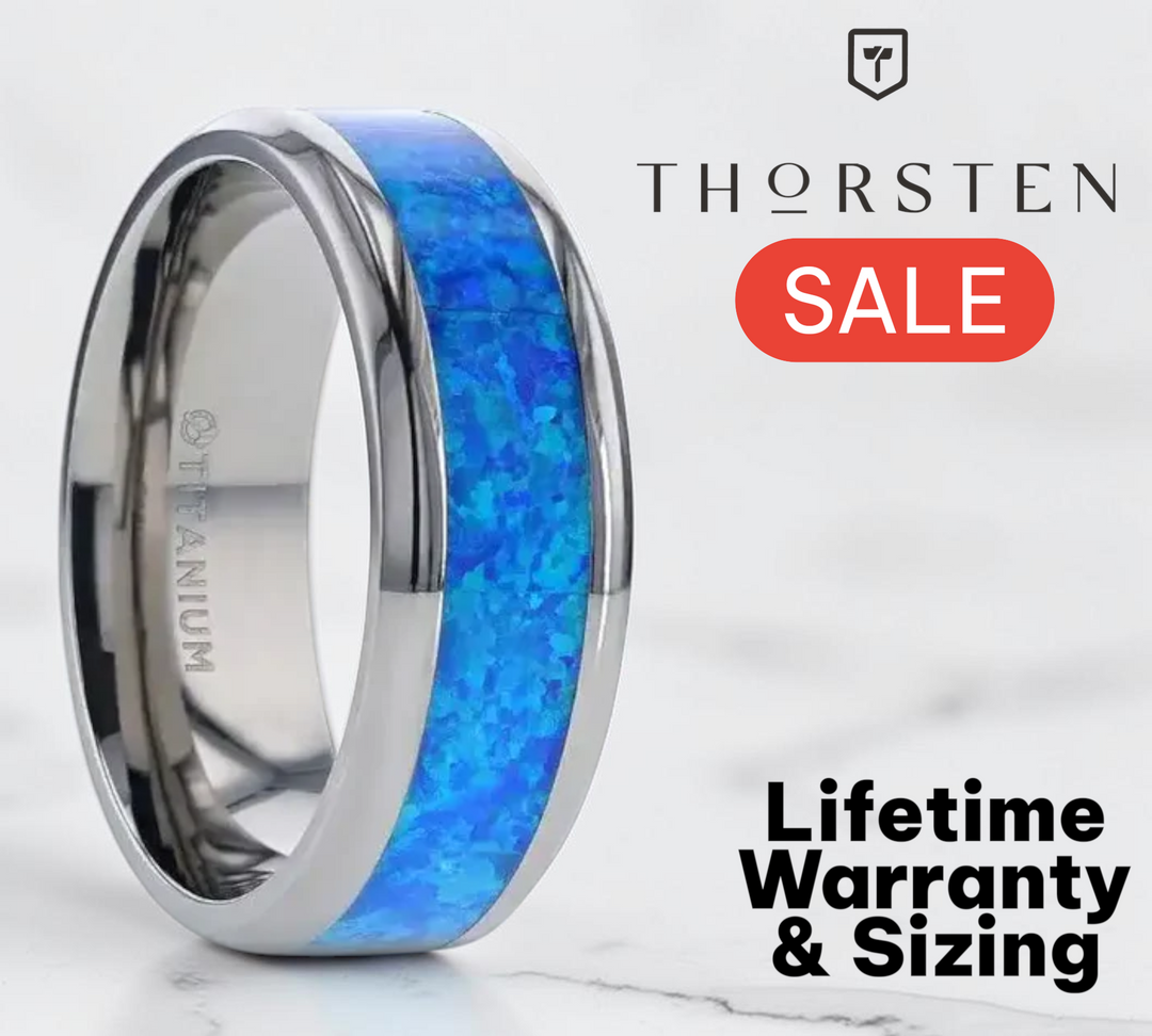 Mens Titanium Blue Green Opal Inlay Wedding Ring - Polished Beveled Comfort Fit - 8mm Wide - Style name: GALAXY