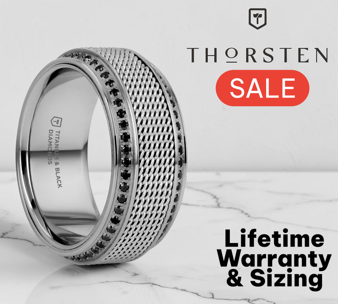 Mens Titanium Steel Chain Round Black Diamonds Wedding Ring - Polished Beveled Comfort Fit - 10mm Wide - Style name: GAUNTLET