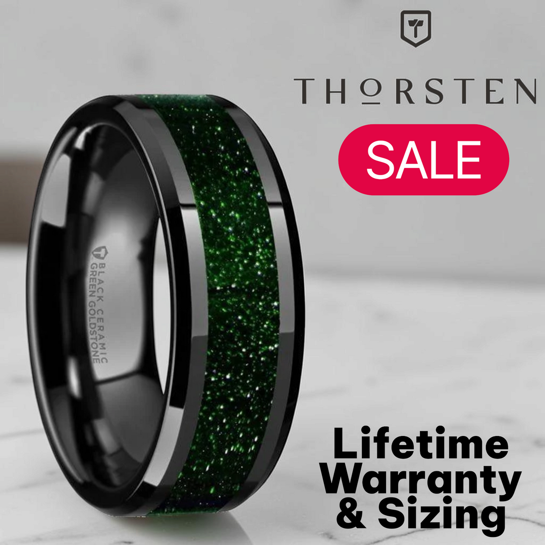 Mens Black Ceramic Green Goldstone Inlay Wedding Ring - Beveled Polished Comfort Fit - 8mm Wide - Style name: GIOVANNI