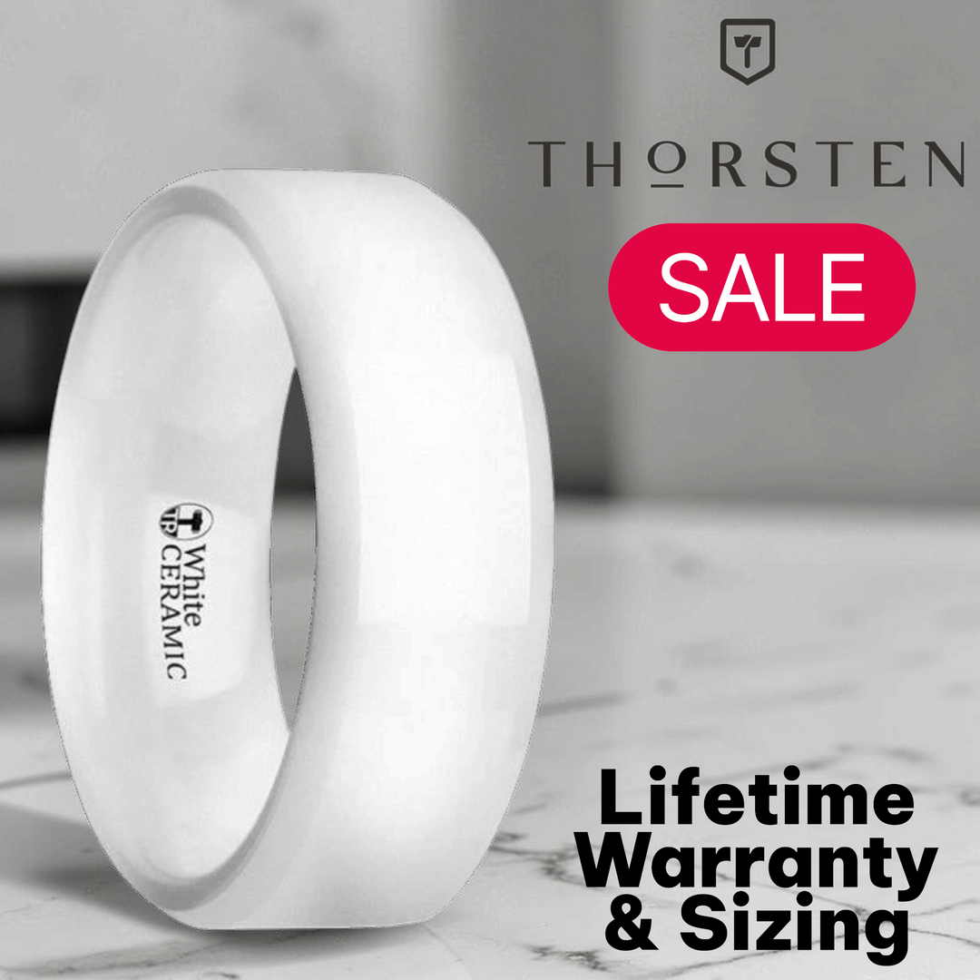 Mens White Ceramic Beveled Edges Wedding Ring - Polished Finish Comfort Fit - 6mm 8mm Wide - Style name: GLACIER