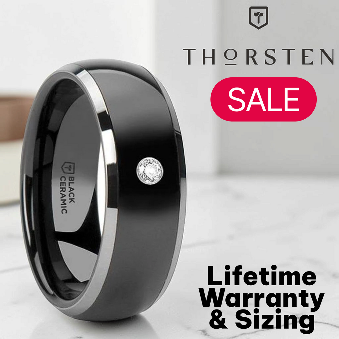 Mens Tungsten Edges Black Ceramic White Diamond Wedding Ring - Domed Comfort Fit - 8mm Wide - Style name: GLENDALE