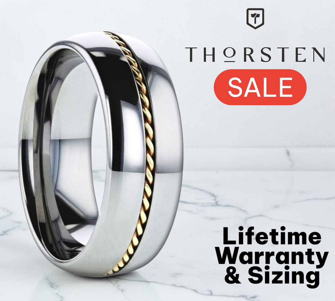 Mens Tungsten Carbide Braided 14k Gold Inlay Wedding Ring - Domed Comfort Fit - 6mm 8mm Wide - Style name: GOLDWYN