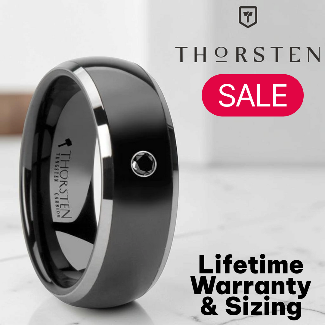 Mens Tungsten Edges Black Ceramic Black Diamond Wedding Ring - Domed Comfort Fit - 8mm Wide - Style name: GOTHAM