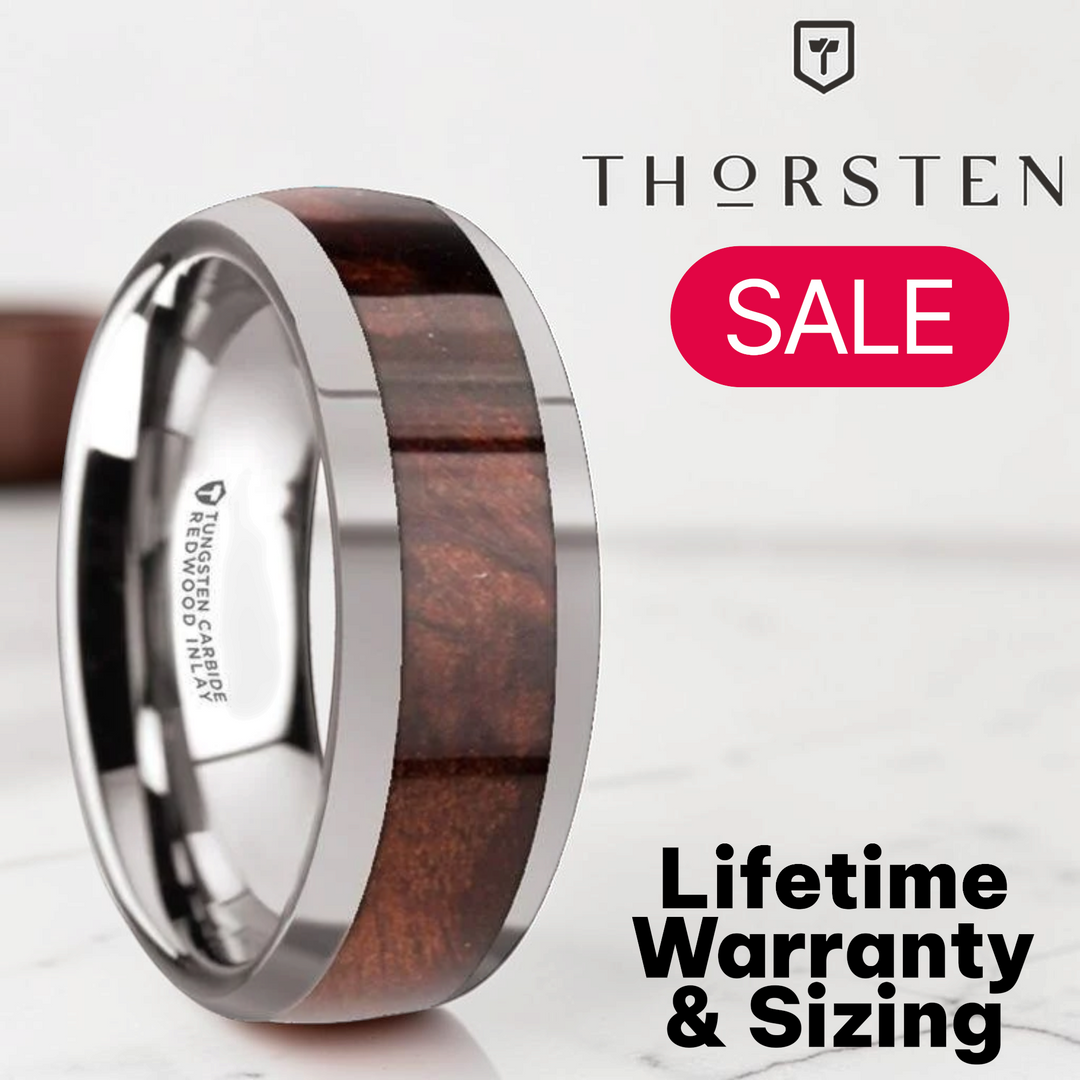 Mens Domed Tungsten Redwood Inlay Wedding Ring - Polished Edged Comfort Fit - 8mm Wide - Style name: GROVE