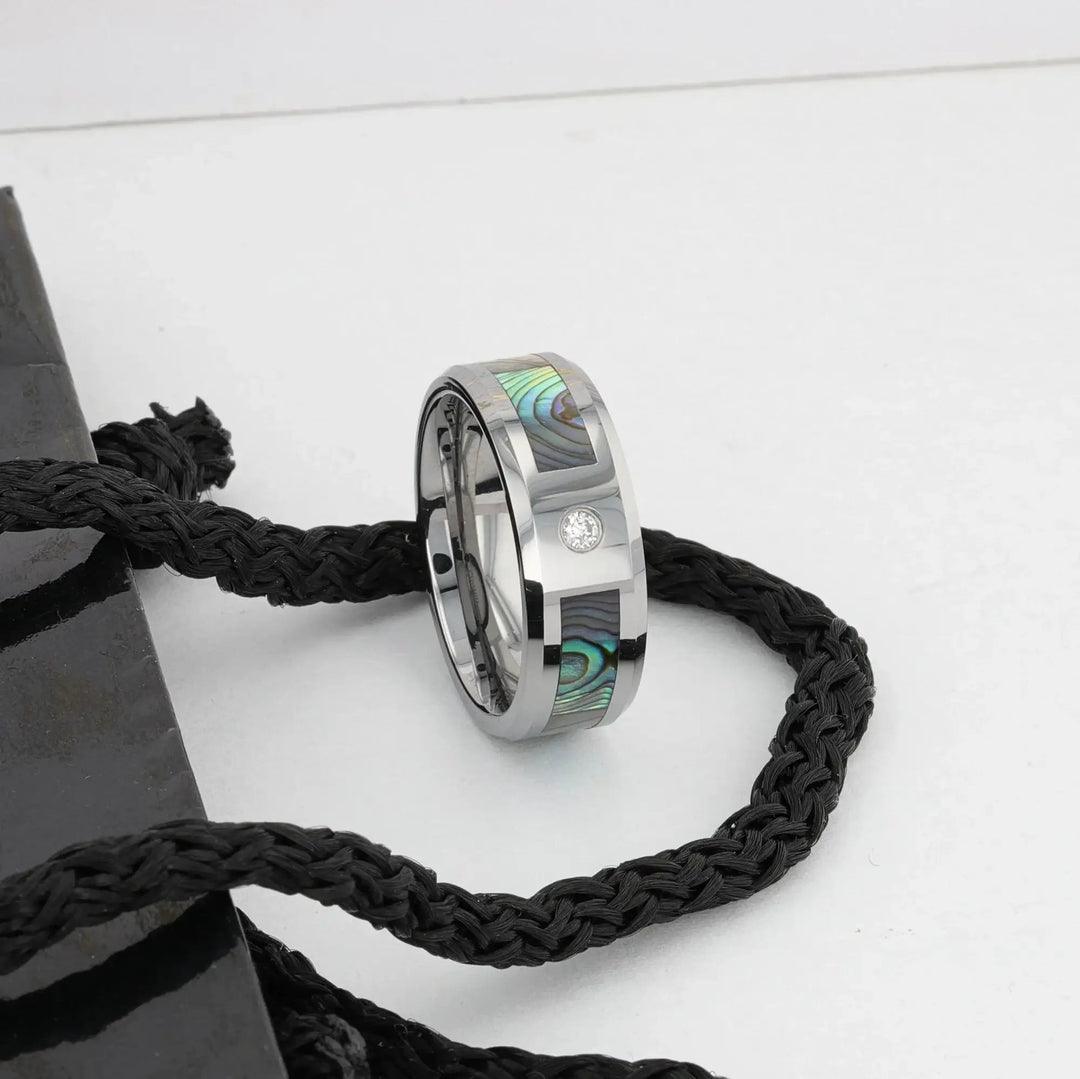 Mens Tungsten Carbide Mother of Pearl Inlay White Diamond Wedding Ring - Beveled Comfort Fit - 8mm Wide - Style name: HONOLULU
