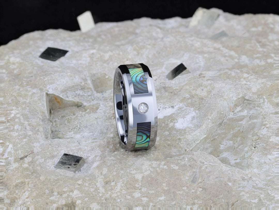 Mens Tungsten Carbide Mother of Pearl Inlay White Diamond Wedding Ring - Beveled Comfort Fit - 8mm Wide - Style name: HONOLULU
