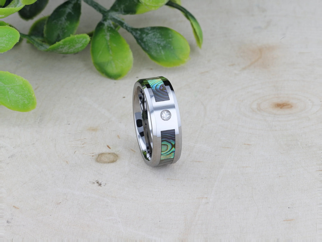 Mens Tungsten Carbide Mother of Pearl Inlay White Diamond Wedding Ring - Beveled Comfort Fit - 8mm Wide - Style name: HONOLULU