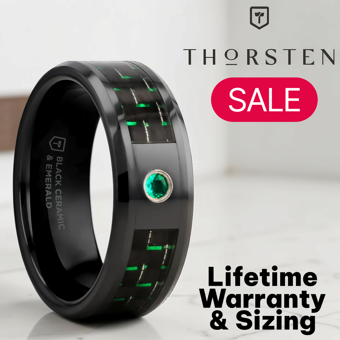 Mens Black Ceramic Black And Green Carbon Fiber Emerald Setting Wedding Ring - Polished Comfort Fit - 8mm Wide - Style name: HADAR