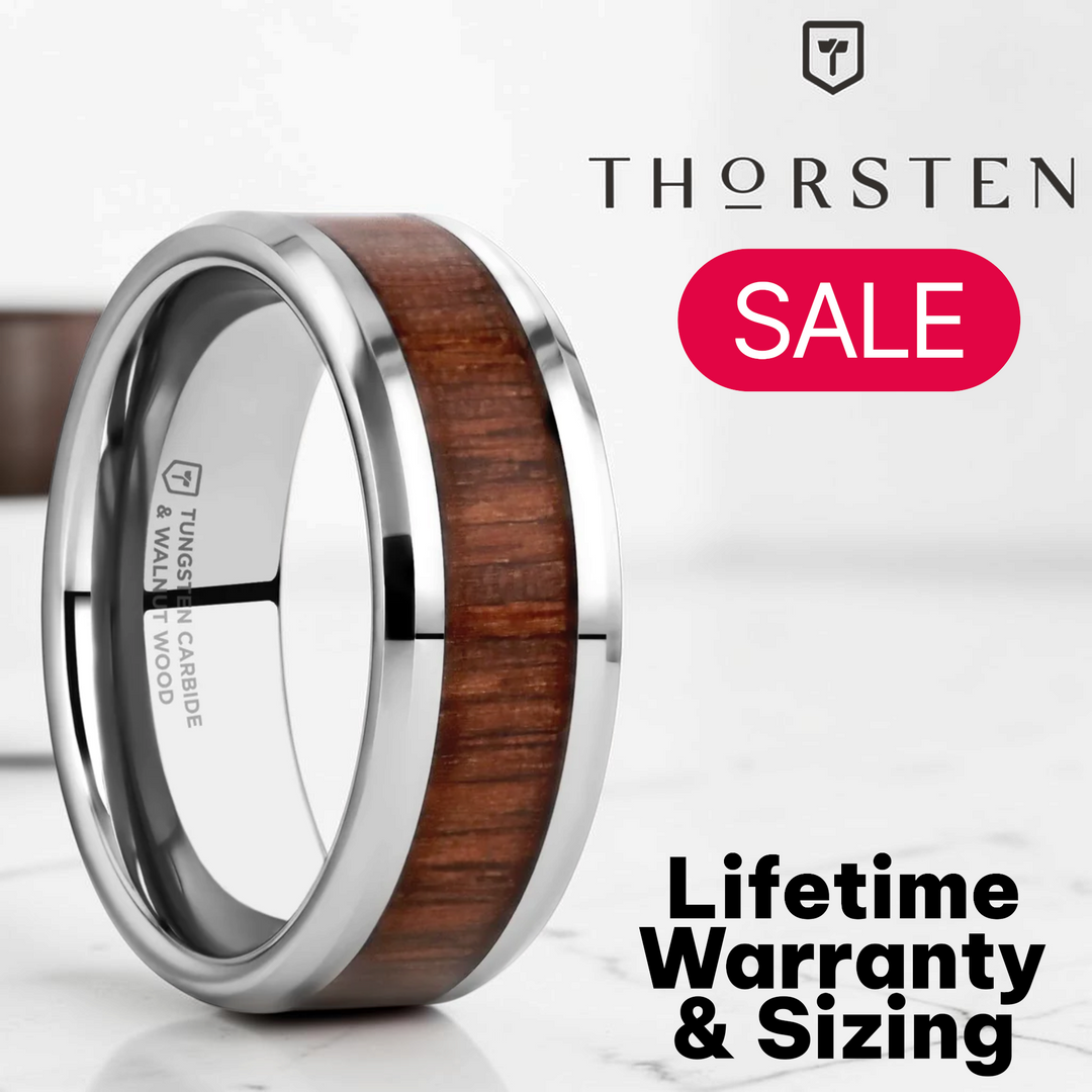 Mens Tungsten Carbide Black Walnut Wood Inlay Wedding Ring - Beveled Comfort Fit - 4mm 6mm 7mm 8mm 10mm 12mm Wide - Style name: HALIFAX