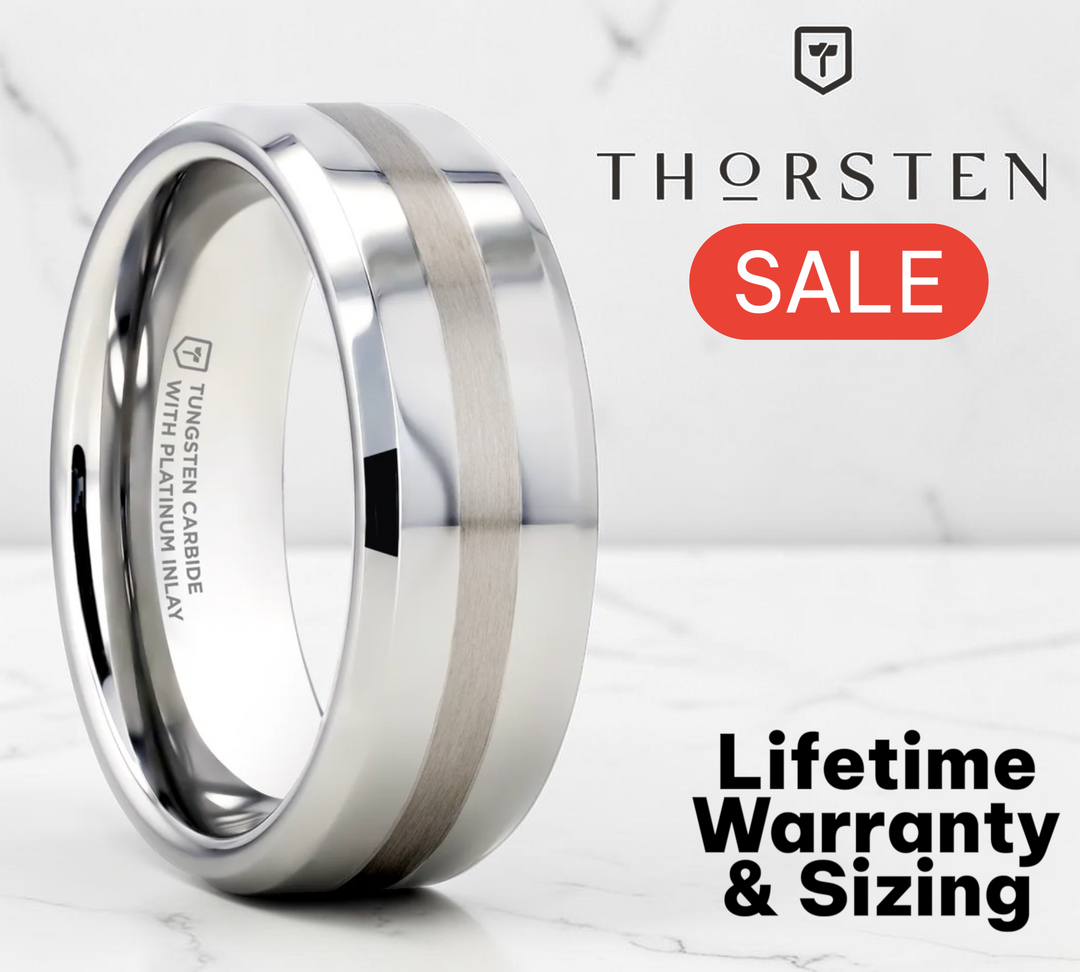 Mens Tungsten Carbide Platinum Inlaid Wedding Ring - Beveled Comfort Fit - 6mm 8mm Wide - Style name: HALSTEN
