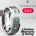 Load image into Gallery viewer, Mens Comfort Fit -Brushed Tungsten Wedding Ring - Polished Beveled Edges - 3 Emeralds - 8mm Wide - Style name: ICARUS
