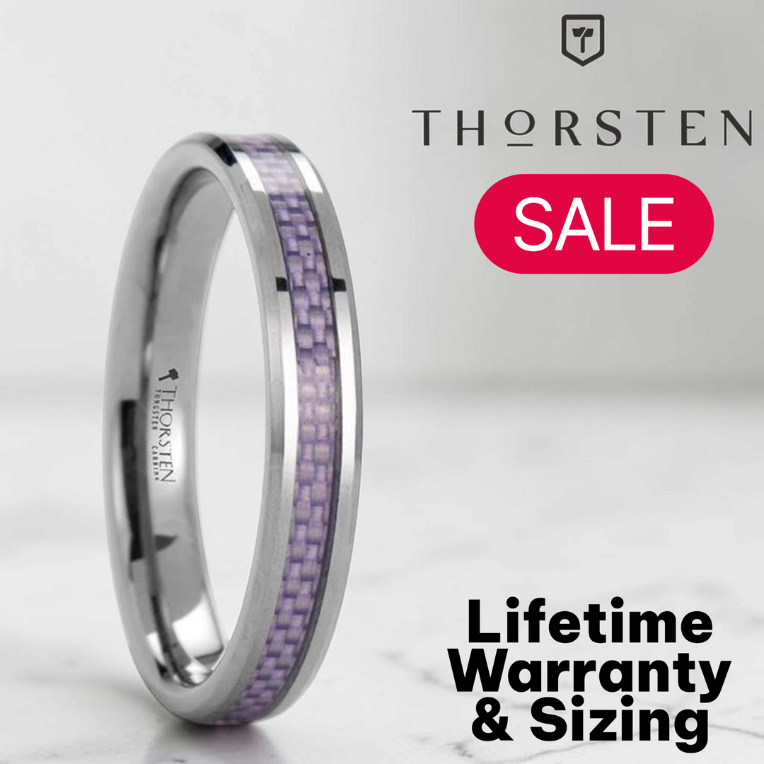 Mens Comfort Fit -Beveled Tungsten Carbide Wedding Ring - Purple Carbon Fiber Inlay - 4mm 6mm Wide - Style name: IRIS - Lifetime Warranty