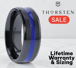 Load image into Gallery viewer, Mens Black Titanium Blue Stripe Inlaid Brushed Finish Center Polished Beveled Edges Wedding Ring - Beveled Comfort Fit - 8mm Wide - Style name: JACKSEN
