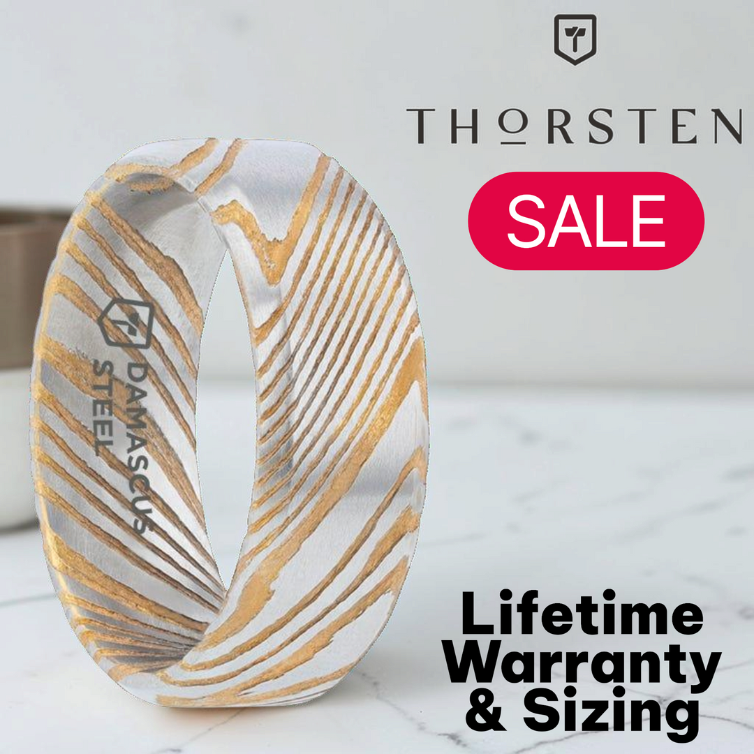 Mens Damascus Steel Vivid Etched Design Gold Color Wedding Ring - Beveled Brushed Comfort Fit - 6mm 8mm Wide - Style name: JOFFREY