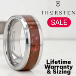 Load image into Gallery viewer, Mens Tungsten Carbide Red Dinosaur Bone Inlaid Wedding Ring - Beveled Comfort Fit - 4mm 8mm Wide - Style name: JURASSIC
