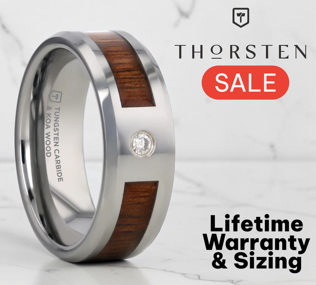 Mens Tungsten Carbide Beveled Edged Diamond Koa Wood Inlay Wedding Ring - Polished Edged Comfort Fit - 8mm Wide - Style name: KAHUNA