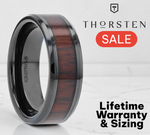 Load image into Gallery viewer, Mens Comfort Fit -Beveled Black Ceramic Ring - Cocobolo Wood Inlay - 8mm Wide - Style name: KAI
