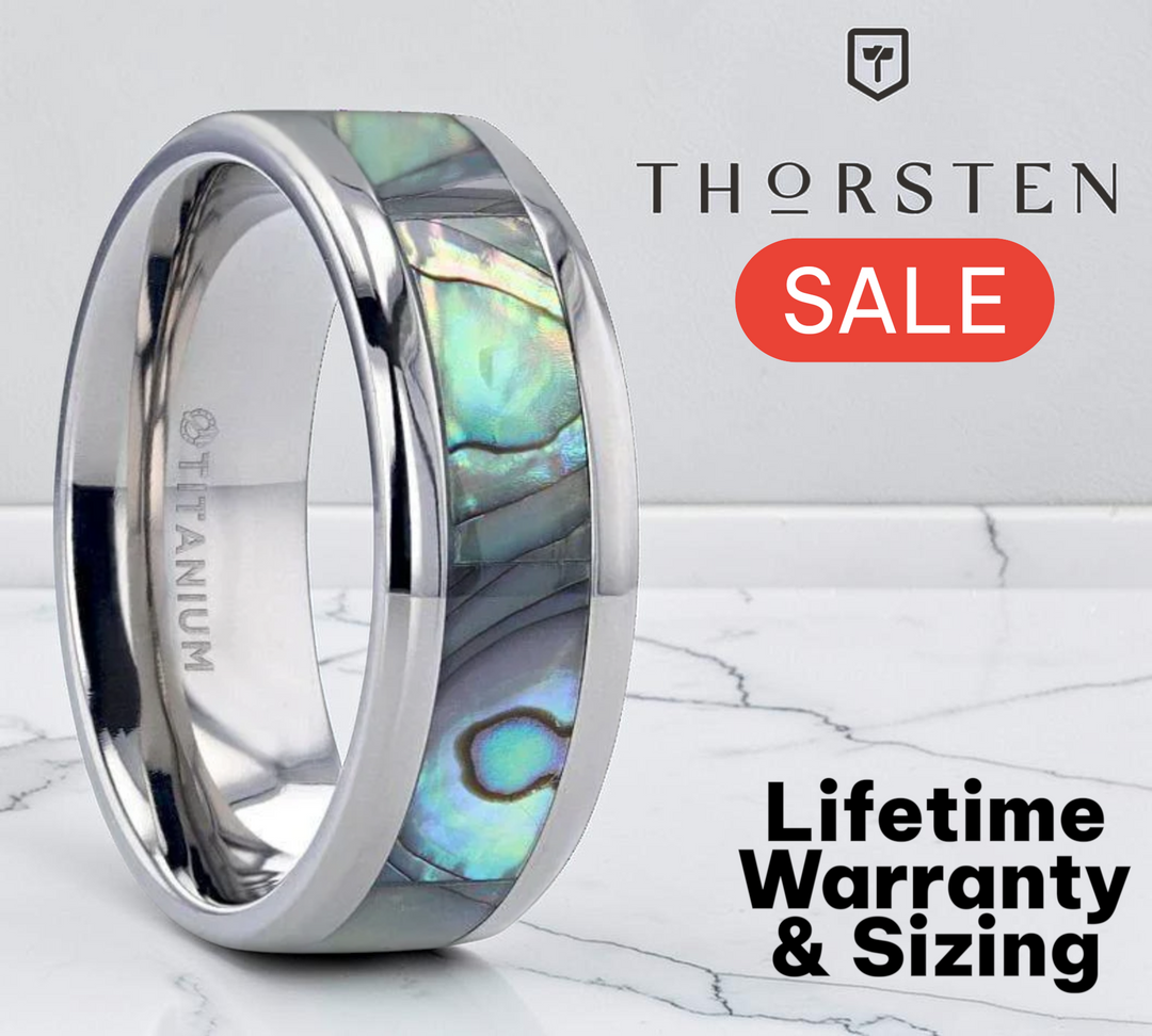 Mens Titanium Mother Of Pearl Inlaid Wedding Ring - Polished Beveled Comfort Fit - 6mm 8mm Wide - Style name: KAUI