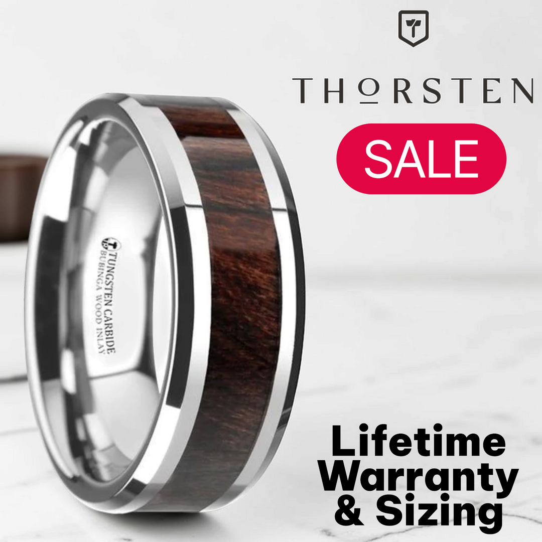 Mens Tungsten Carbide Bubinga Wood Inlaid Wedding Ring - Beveled Comfort Fit - 8mm Wide - Style name: KEVAZ
