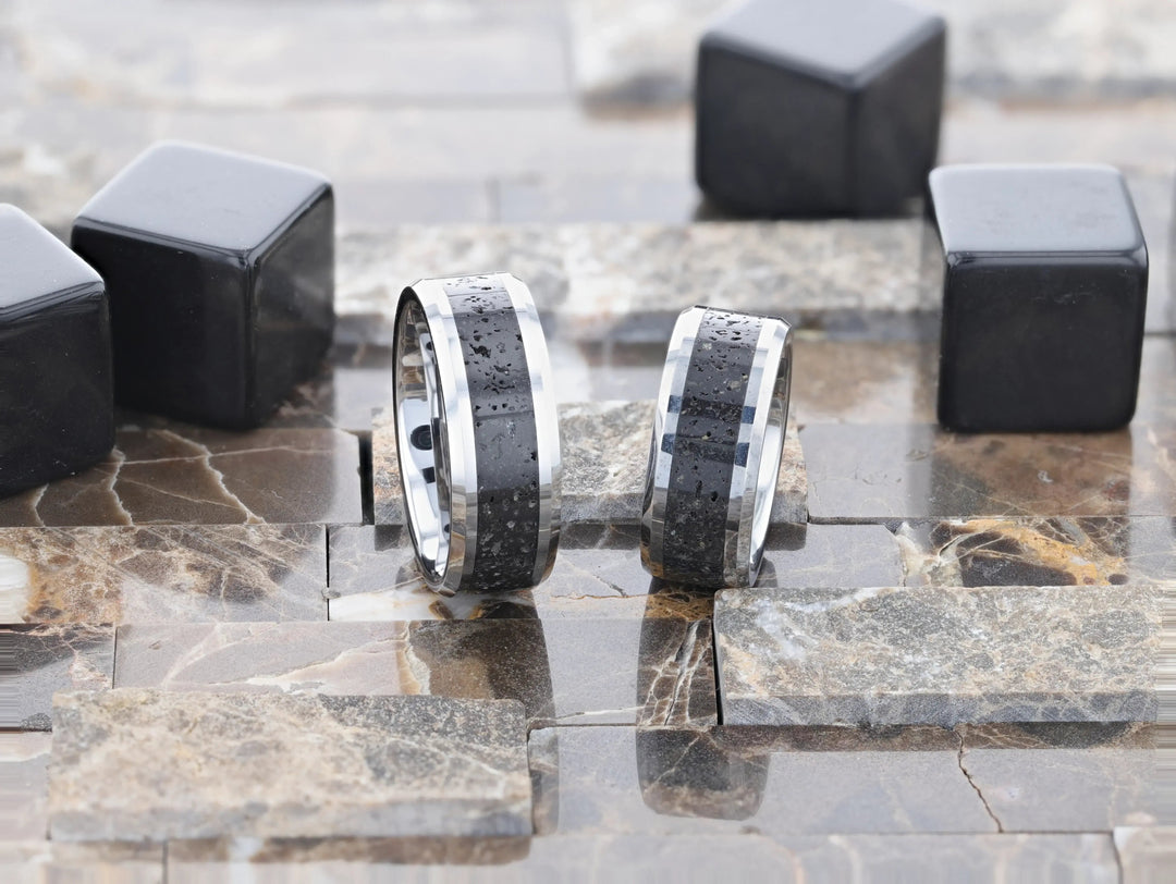 Mens Black & Gray Lava Rock Stone Inlay Tungsten Wedding Ring - Polished Beveled Edges Comfort Fit - 8mm Wide - Style name: KILAUEA