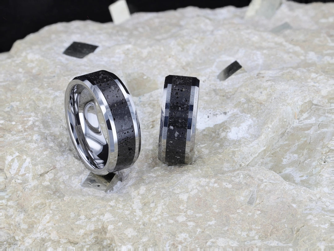 Mens Black & Gray Lava Rock Stone Inlay Tungsten Wedding Ring - Polished Beveled Edges Comfort Fit - 8mm Wide - Style name: KILAUEA