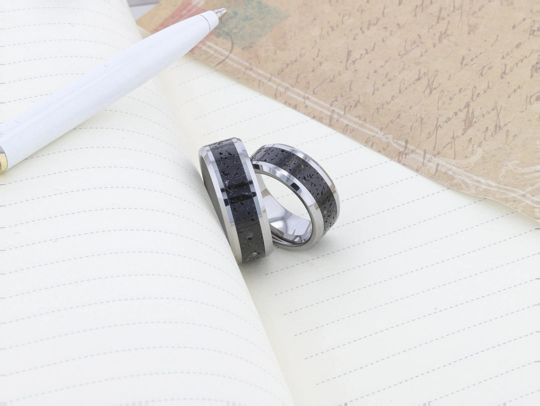 Mens Black & Gray Lava Rock Stone Inlay Tungsten Wedding Ring - Polished Beveled Edges Comfort Fit - 8mm Wide - Style name: KILAUEA