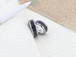 Load image into Gallery viewer, Mens Black &amp; Gray Lava Rock Stone Inlay Tungsten Wedding Ring - Polished Beveled Edges Comfort Fit - 8mm Wide - Style name: KILAUEA
