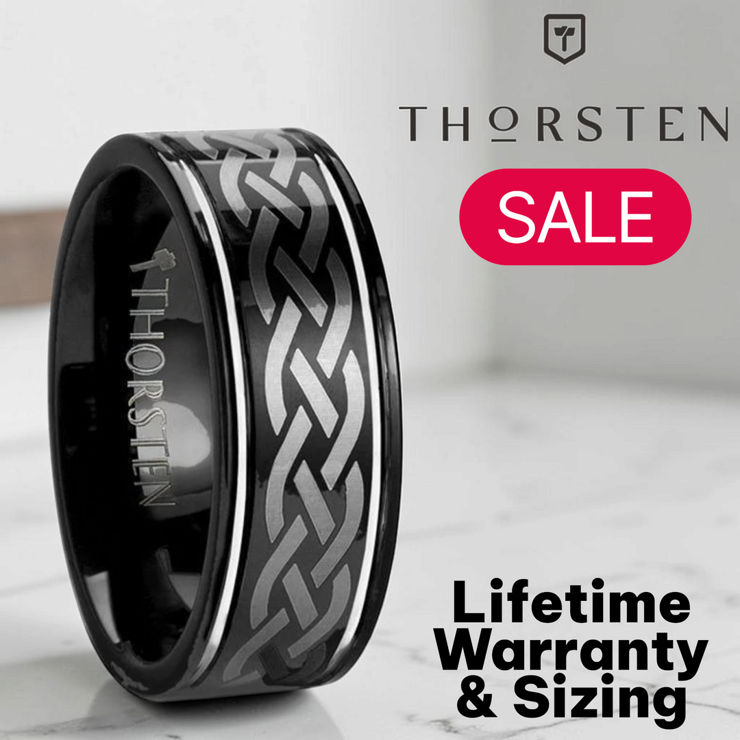 Mens Tungsten Carbide Black Wedding Ring - Celtic Design Comfort Fit - 8mm Wide - Style name: KILDARE