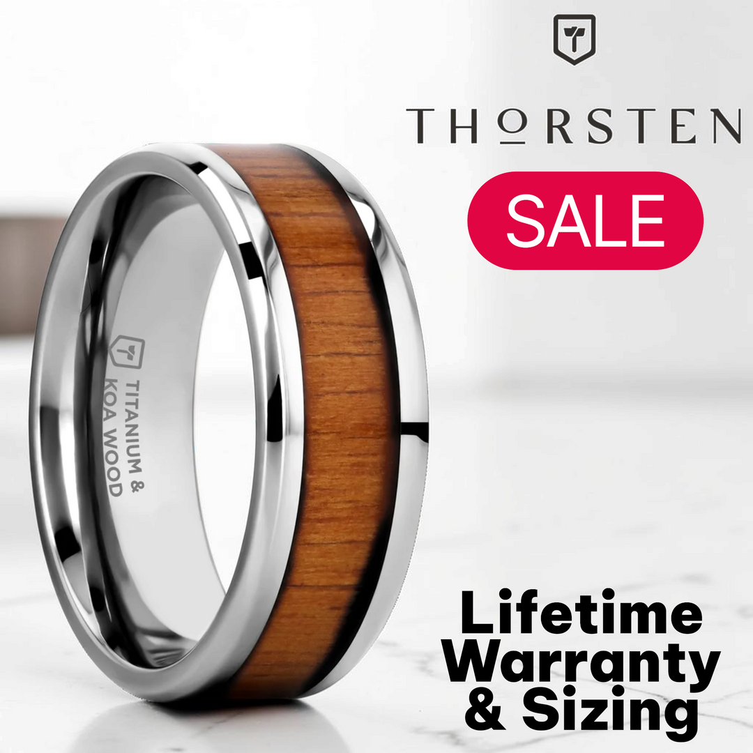 Mens Titanium Polished Finish Koa Wood Inlaid Wedding Ring - Beveled Edges Comfort Fit - 6mm 8mm Wide - Style name: KOAN