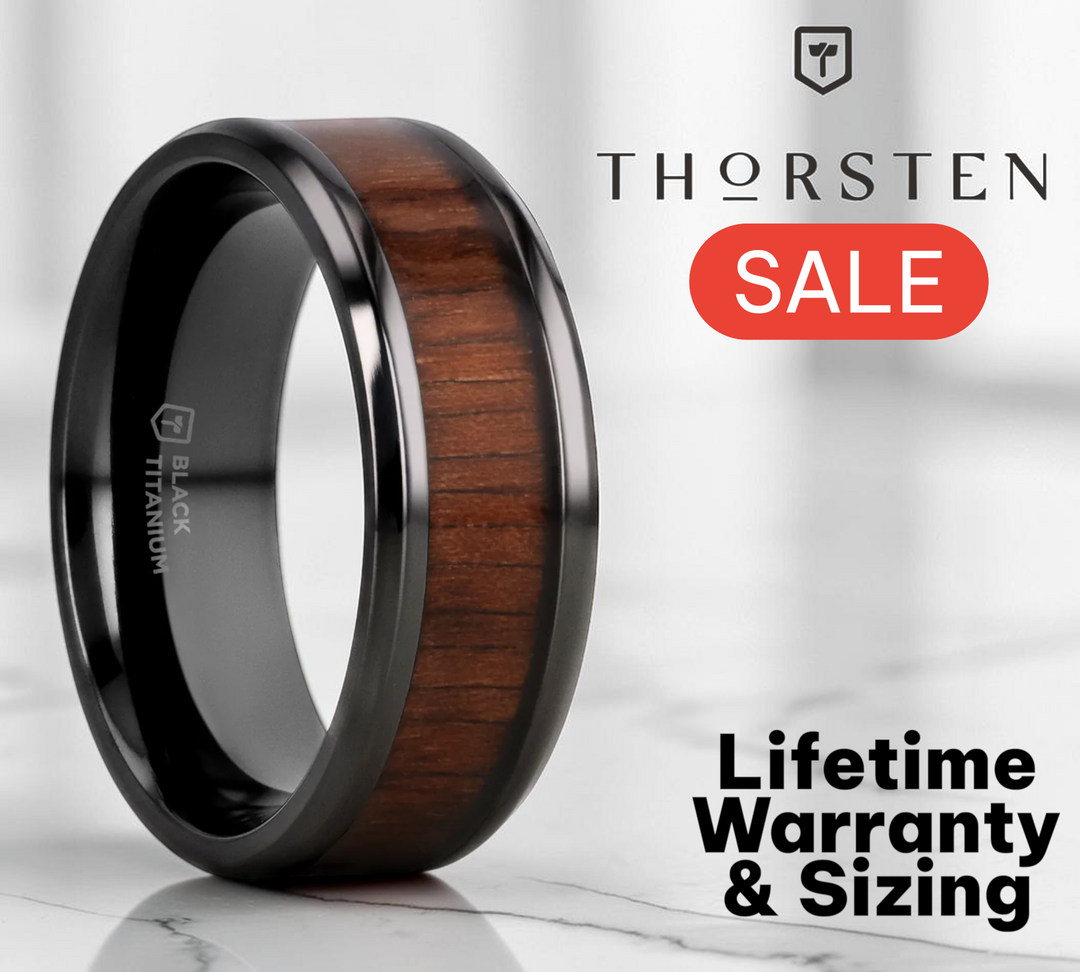 Mens Black Titanium Black Walnut Wood Inlaid Wedding Ring - Polished Beveled Edges Comfort Fit - 6mm 8mm Wide - Style name: KONY