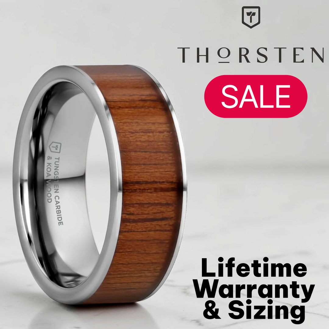 Mens Tungsten Carbide Rare Koa Wood Inlay Wedding Ring - Flat Polished Comfort Fit - 6mm 7mm 8mm 10mm Wide - Style name: KALANI