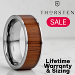 Load image into Gallery viewer, Mens Tungsten Carbide Rare Koa Wood Inlay Wedding Ring - Flat Polished Comfort Fit - 6mm 7mm 8mm 10mm Wide - Style name: KALANI
