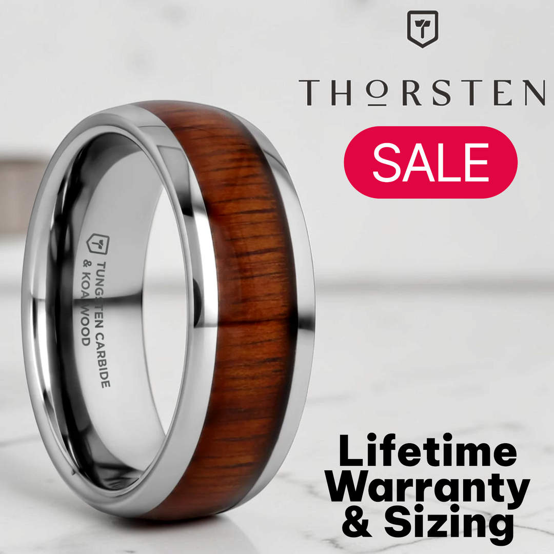 Mens Comfort Fit -Tungsten Domed Profile Polished Finish Wedding Ring - Koa Wood Inlay - 8mm Wide - Style name: KAMEHA