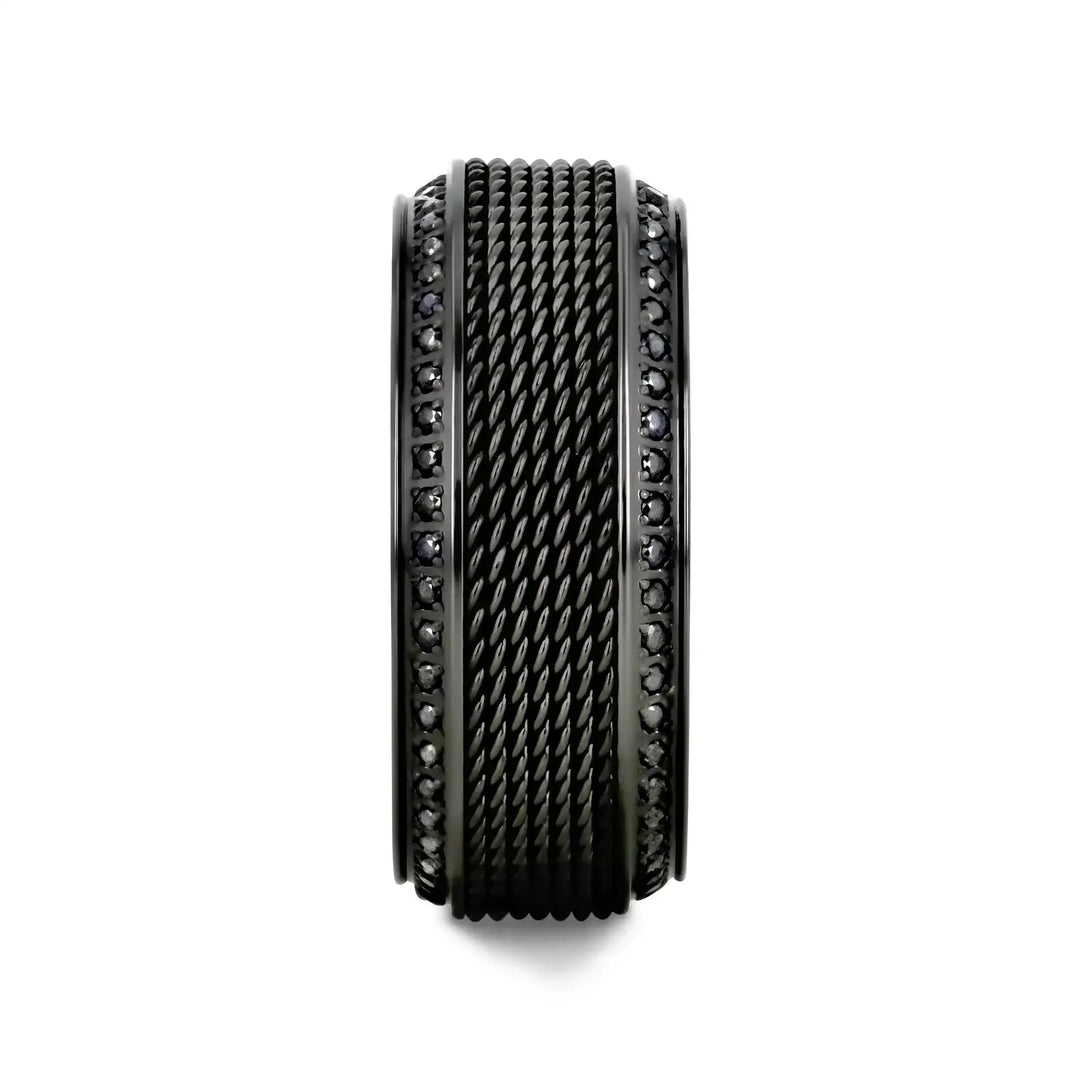 Mens Steel Chain Black Titanium Round Black Diamonds Wedding Ring - Polished Beveled Edges Comfort Fit - 10mm Wide - Style name: KNIGHT