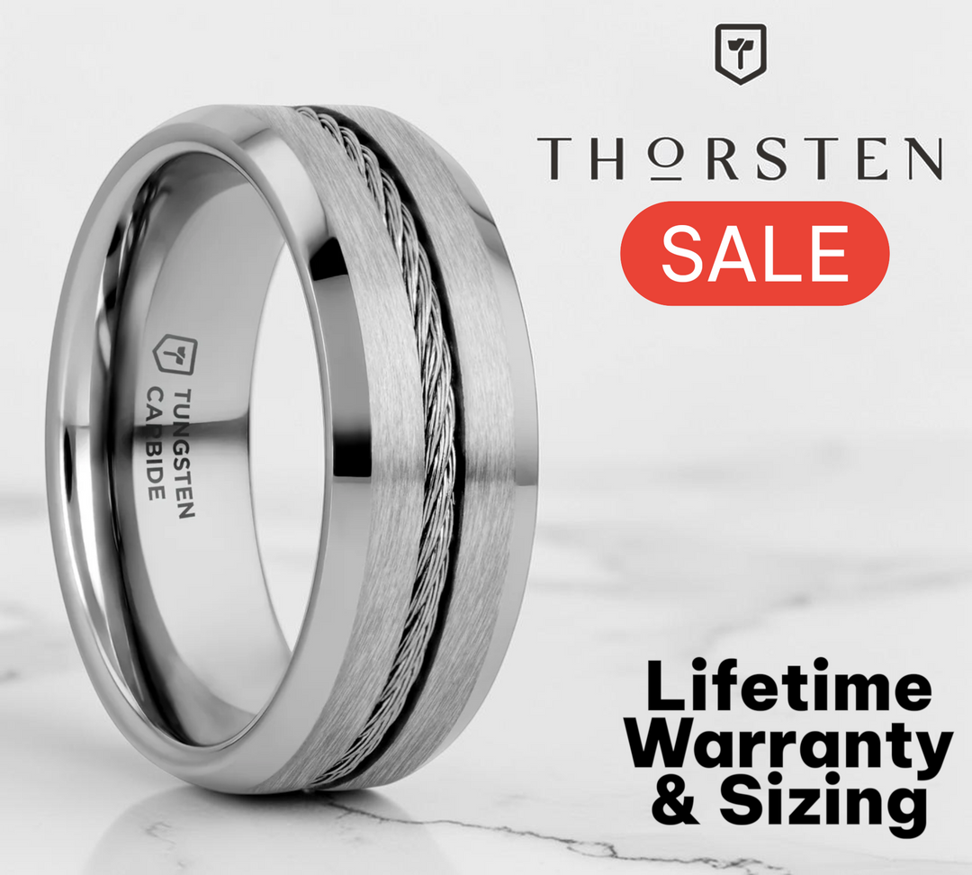 Mens Tungsten Flat Steel Wire Cable Inlay Wedding Ring - Beveled Comfort Fit - 8mm Wide - Style name: LANNISTER