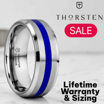 Load image into Gallery viewer, Mens Comfort Fit -Beveled Edges White Tungsten Brushed Finish Wedding Ring - Blue Stripe- 8mm Wide - Style name: LAWSON
