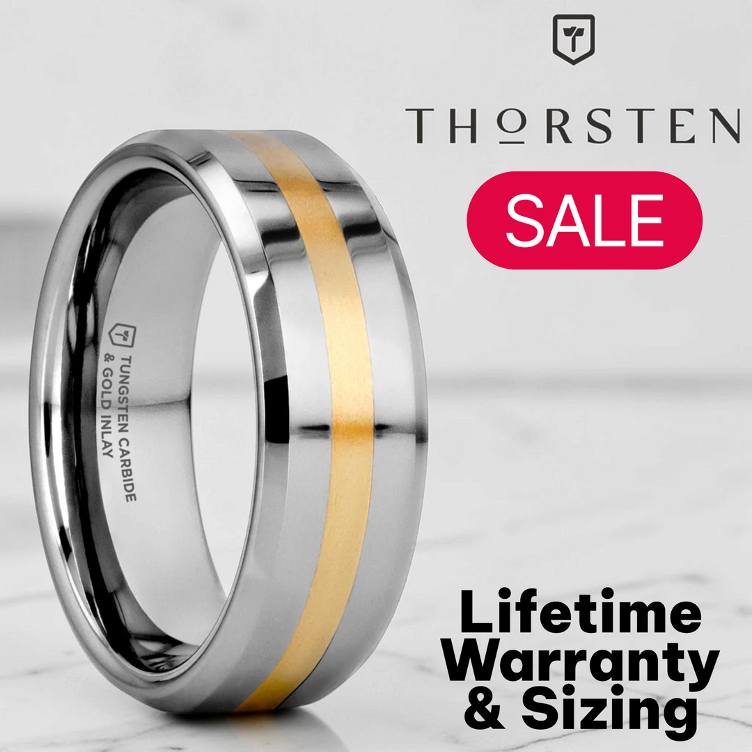 Mens Tungsten Gold Inlaid Wedding Ring - Beveled Comfort Fit - 6mm 8mm Wide - Style name: LEGIONAIRE