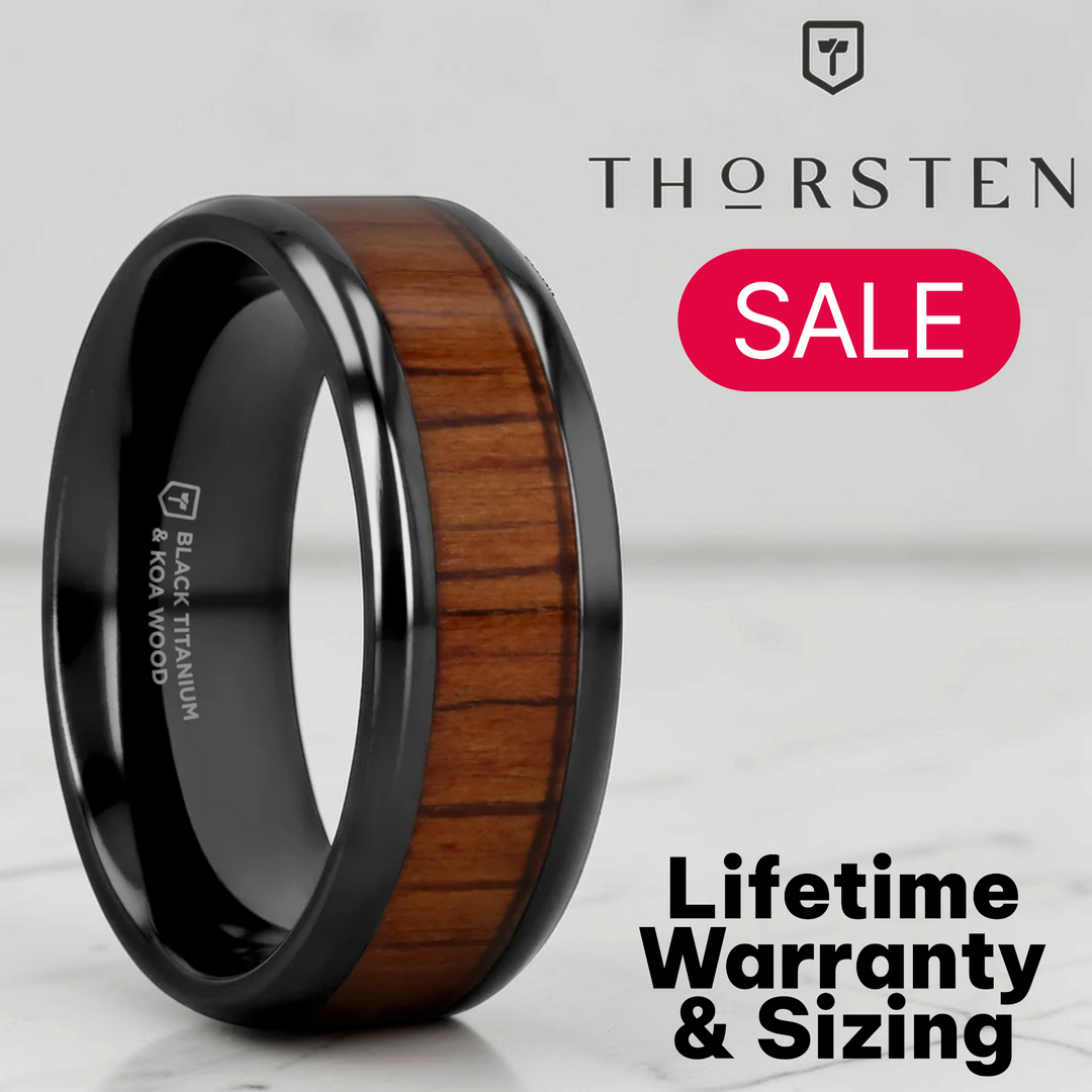 Mens Black Titanium Koa Wood Inlaid Wedding Ring - Beveled Comfort Fit - 4mm 6mm 7mm 8mm 10mm 12mm Wide - Style name: LEIFI