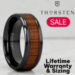 Load image into Gallery viewer, Mens Black Titanium Koa Wood Inlaid Wedding Ring - Beveled Comfort Fit - 4mm 6mm 7mm 8mm 10mm 12mm Wide - Style name: LEIFI
