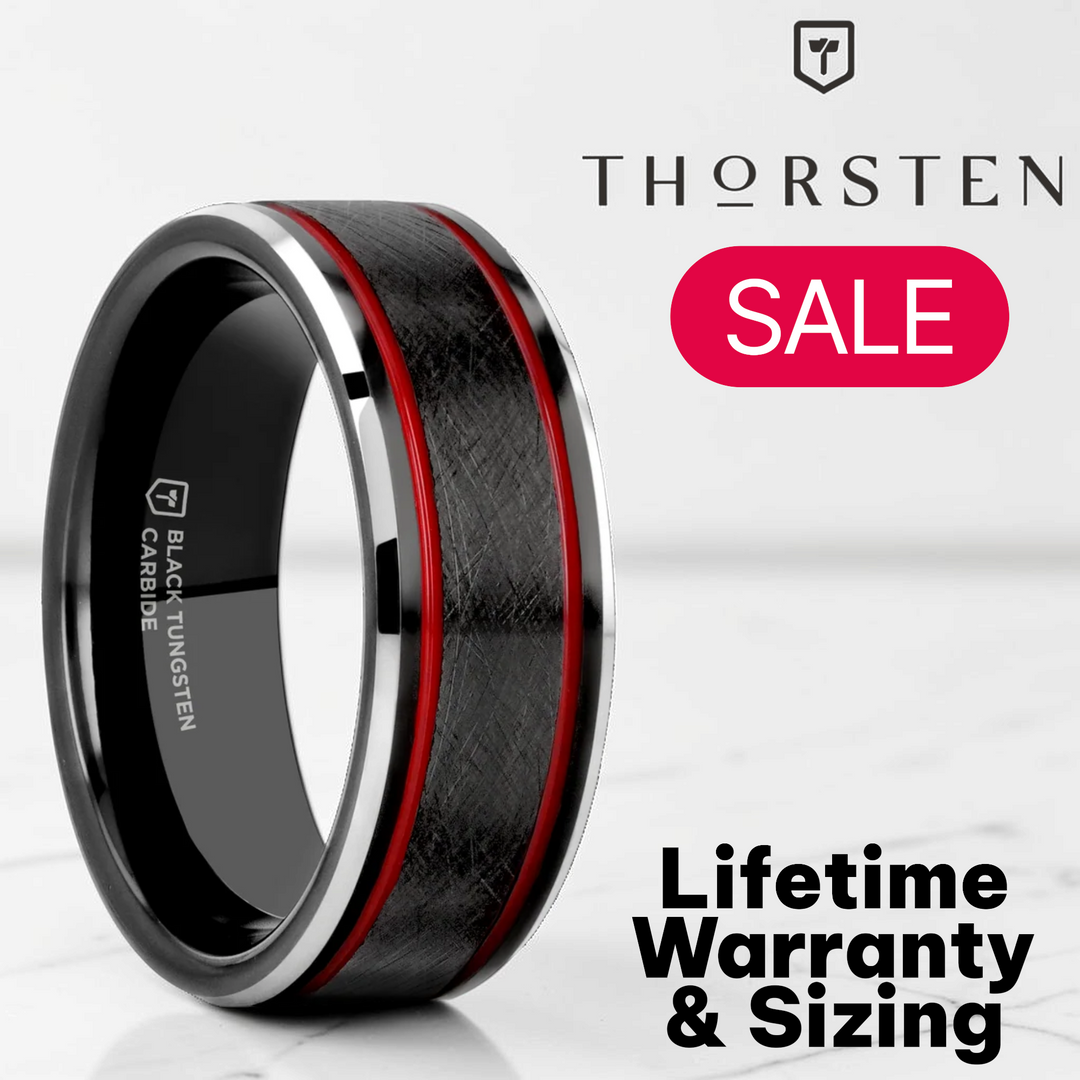 Mens Wire Finish Centered Black Tungsten Wedding Band - Double Red Stripe Polished Beveled Edges - 8mm Wide - Style name: OLIS