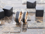 Load image into Gallery viewer, Mens Titanium Rose Gold Plated Flat Brushed Center Black Wedding Ring - Beveled Polished Comfort Fit - 6mm 8mm Wide - Style name: STEPHEN
