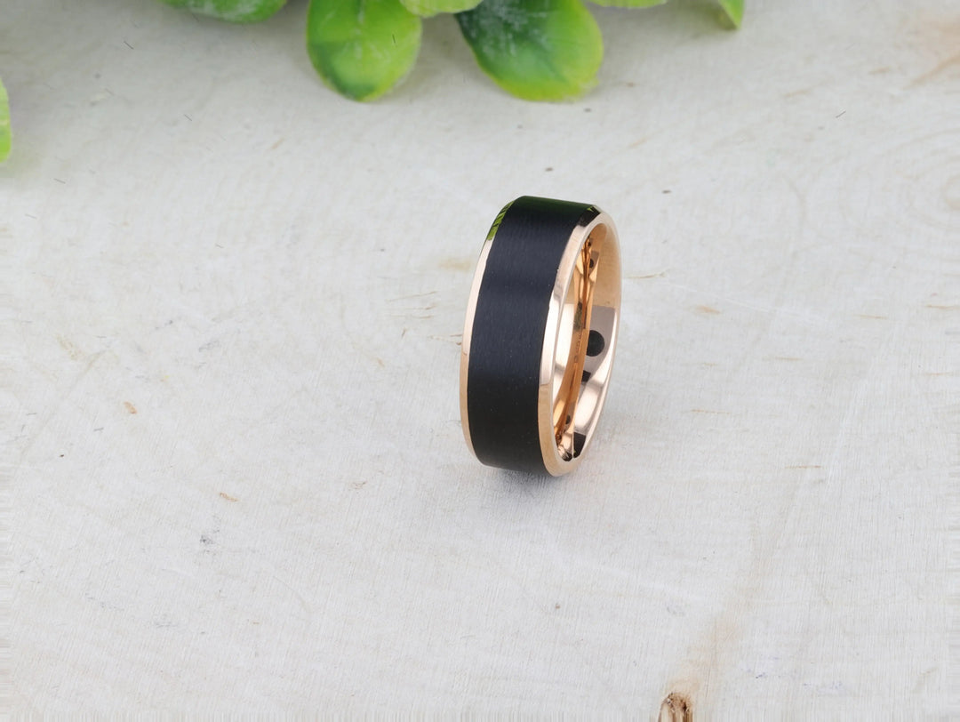 Mens Titanium Rose Gold Plated Flat Brushed Center Black Wedding Ring - Beveled Polished Comfort Fit - 6mm 8mm Wide - Style name: STEPHEN