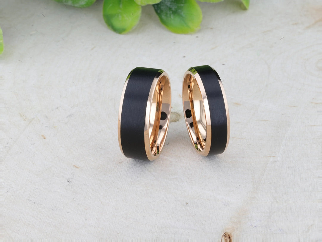 Mens Titanium Rose Gold Plated Flat Brushed Center Black Wedding Ring - Beveled Polished Comfort Fit - 6mm 8mm Wide - Style name: STEPHEN