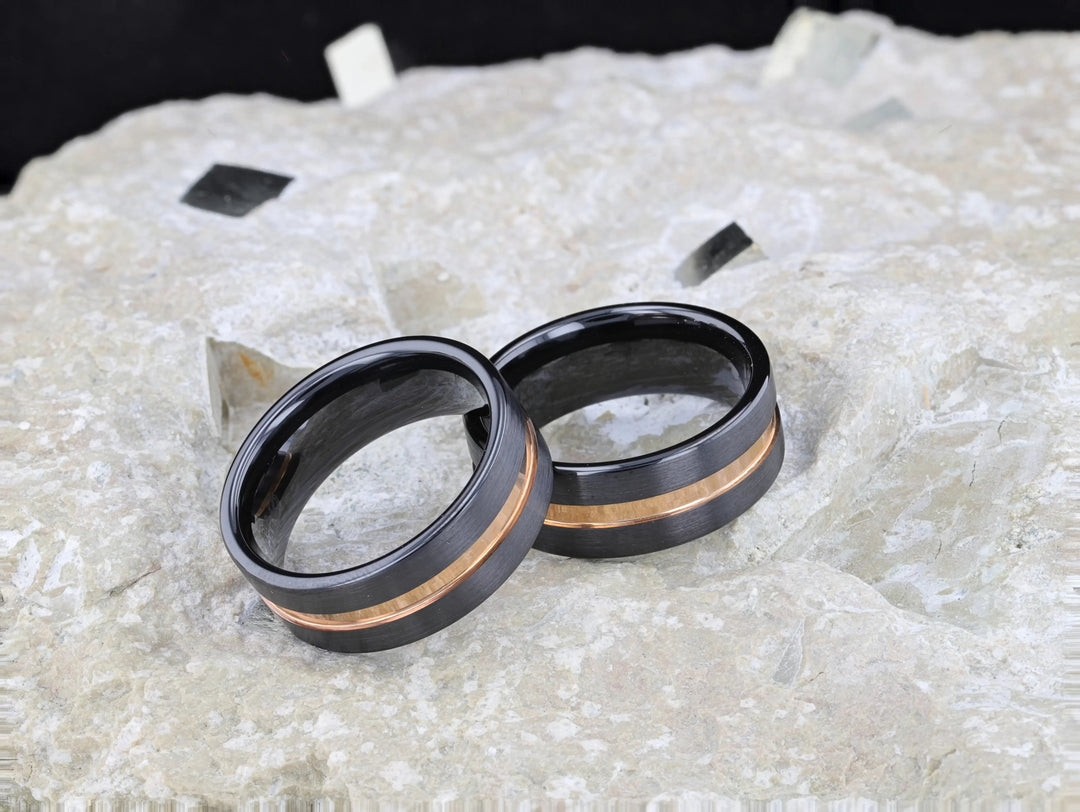 Mens Black Ceramic Rose Gold Groove Wedding Ring - Brushed Comfort Fit - 4mm 6mm 8mm 10mm Wide - Style name: VENICE