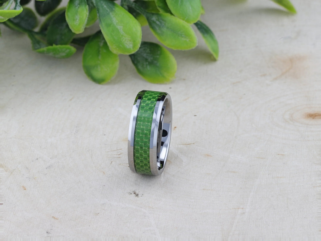 Mens Tungsten Carbide Emerald Green Carbon Fiber Inlay Wedding Ring - Flat Comfort Fit - 8mm Wide - Style name: VERMONT