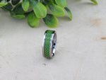 Load image into Gallery viewer, Mens Tungsten Carbide Emerald Green Carbon Fiber Inlay Wedding Ring - Flat Comfort Fit - 8mm Wide - Style name: VERMONT
