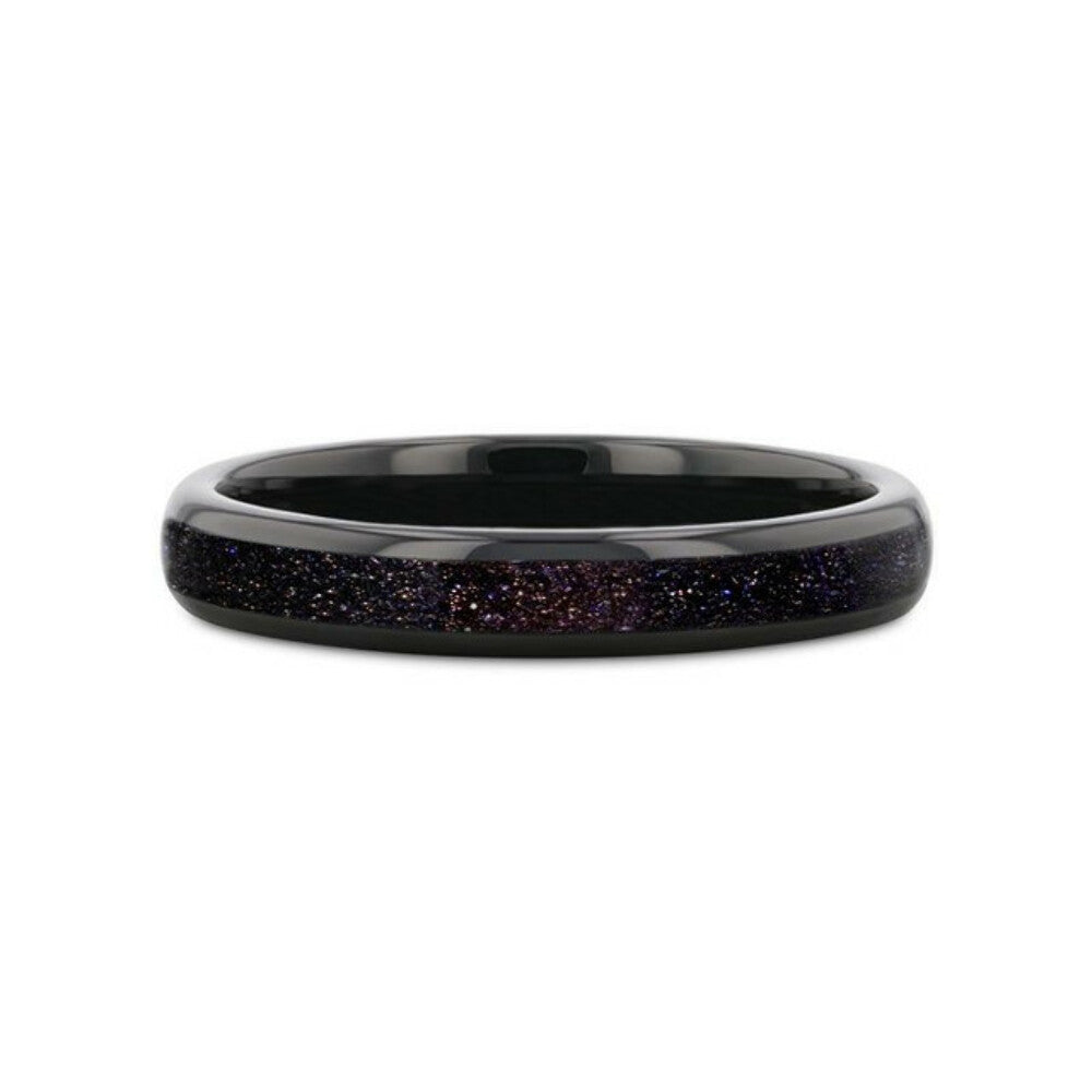 Mens Black Tungsten Crushed Blue and Purple Goldstone Inlay Wedding Ring - 4mm Wide - Style name: ASTRUM